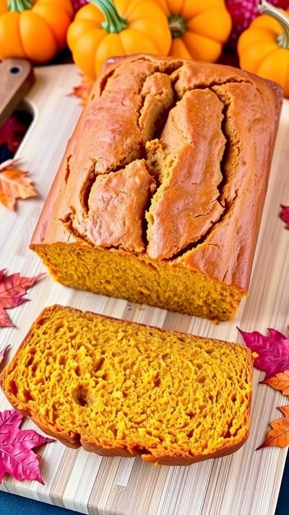 Easy Pumpkin Bread Using Cake Mix A loaf of golden brown pumpkin bread on a cutting board with autumn leaves and pumpkins.